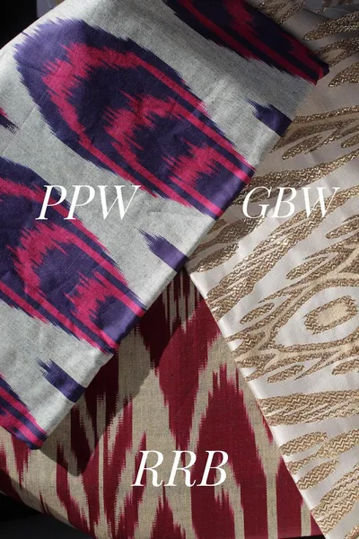 Ikat fabric swatches in purple-pink-white, gold brocade, and maroon colorways