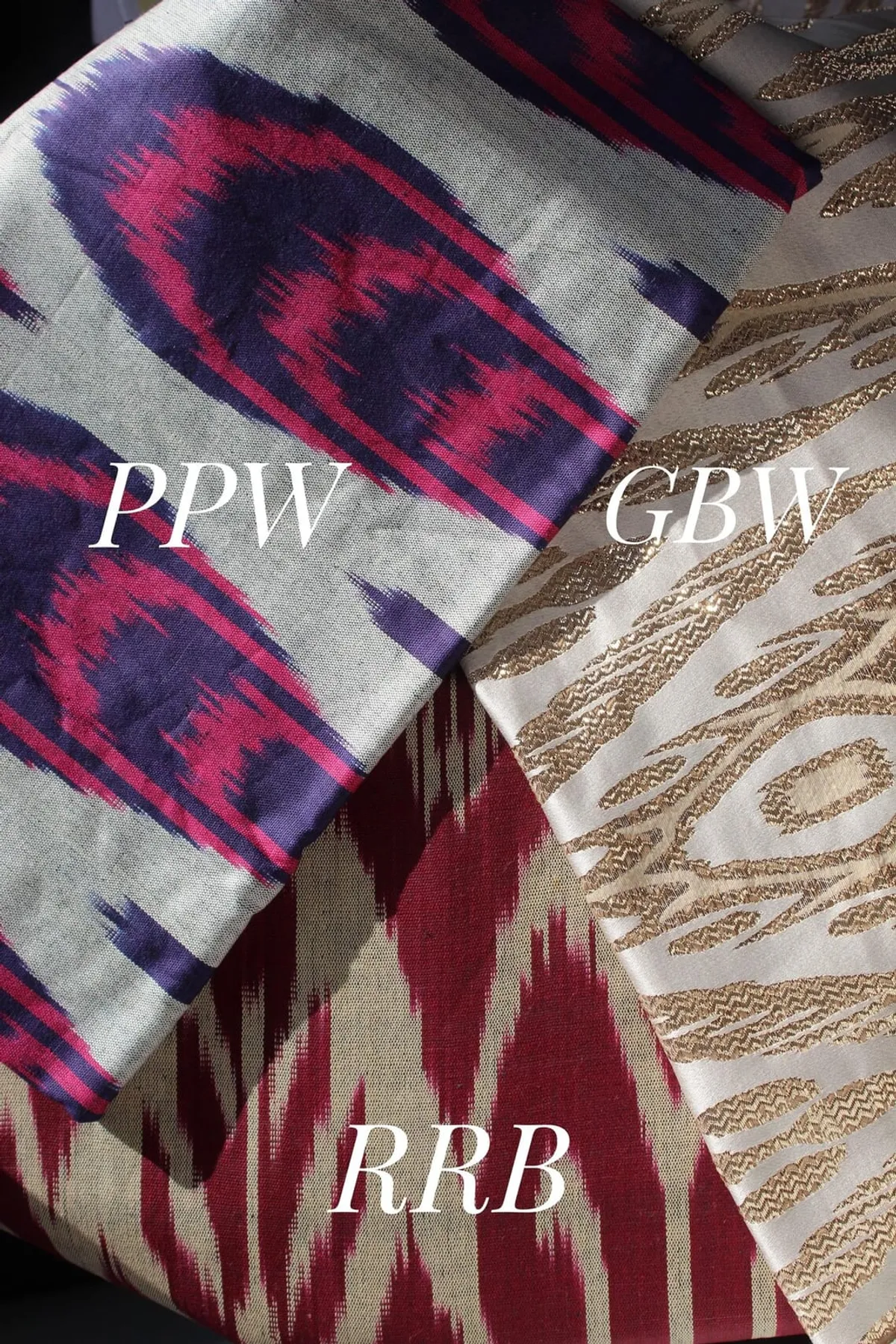 Ikat fabric swatches in purple-pink-white, gold brocade, and maroon colorways