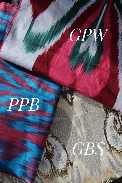 Ikat fabric swatches in maroon-teal-white, blue-pink, and gold brocade colorways